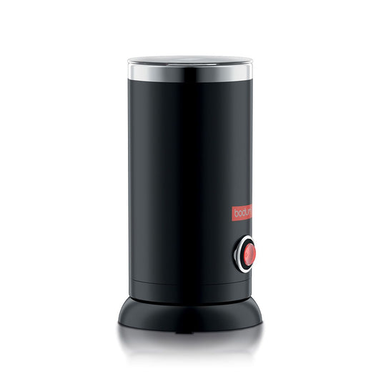 Black coffee grinder with a red button on a white background