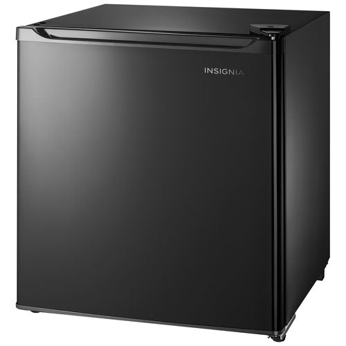 Black Insignia mini refrigerator on a white background