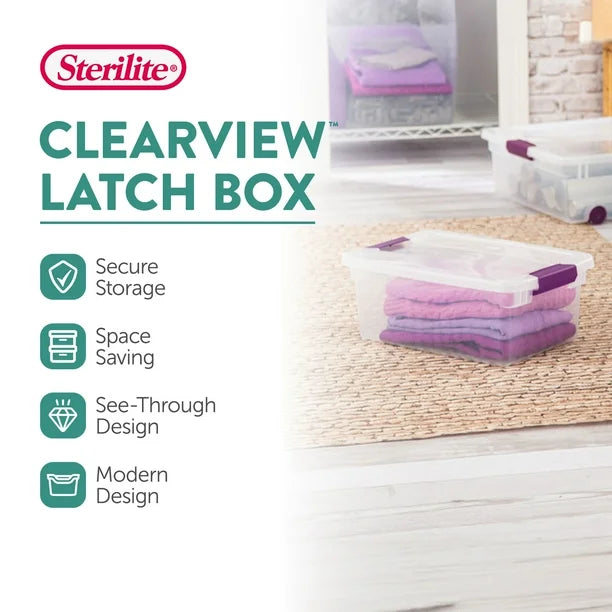 Sterilite Clearview Latch Box with features listed on a white background