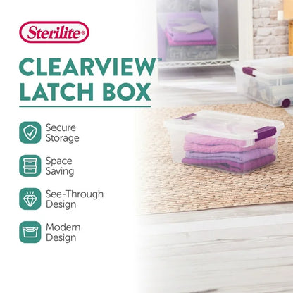 Sterilite Clearview Latch Box with features listed on a white background