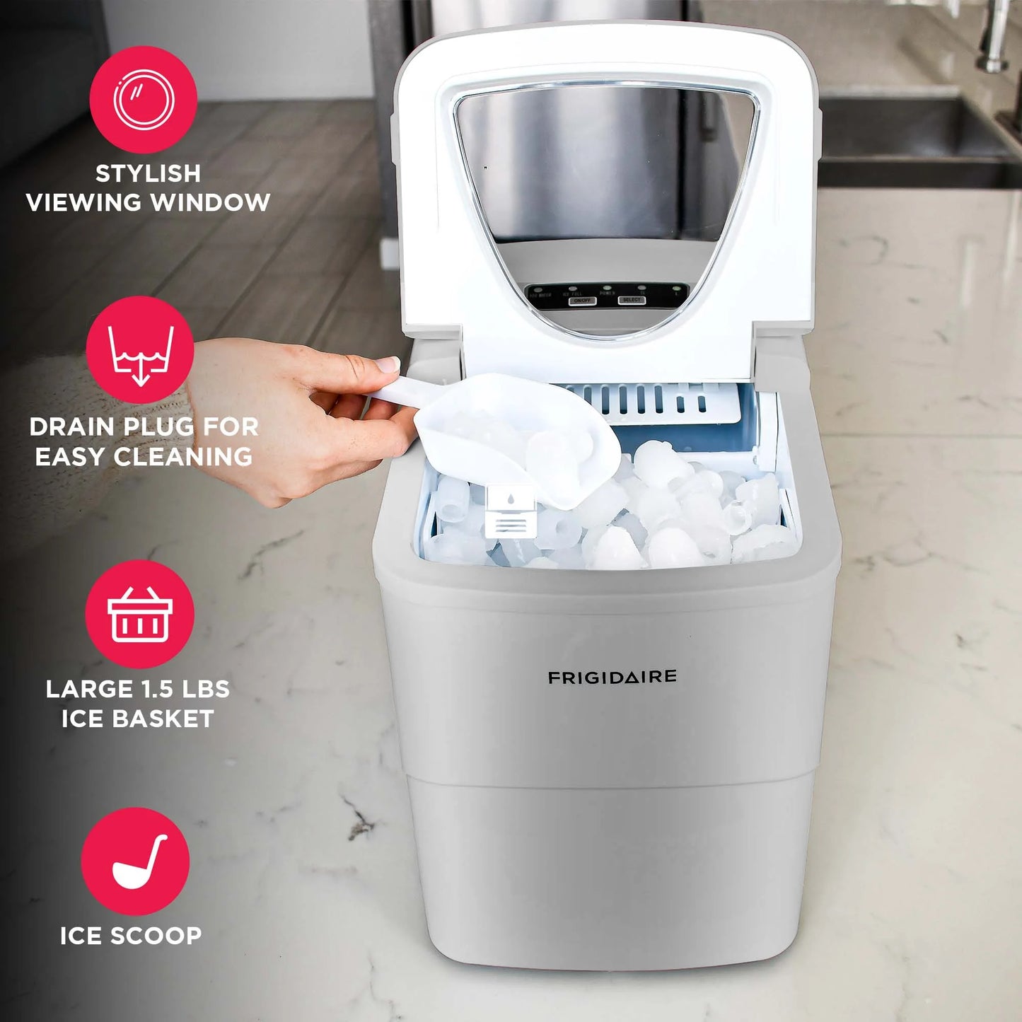 Frigidaire ice maker with features highlighted on a kitchen counter.