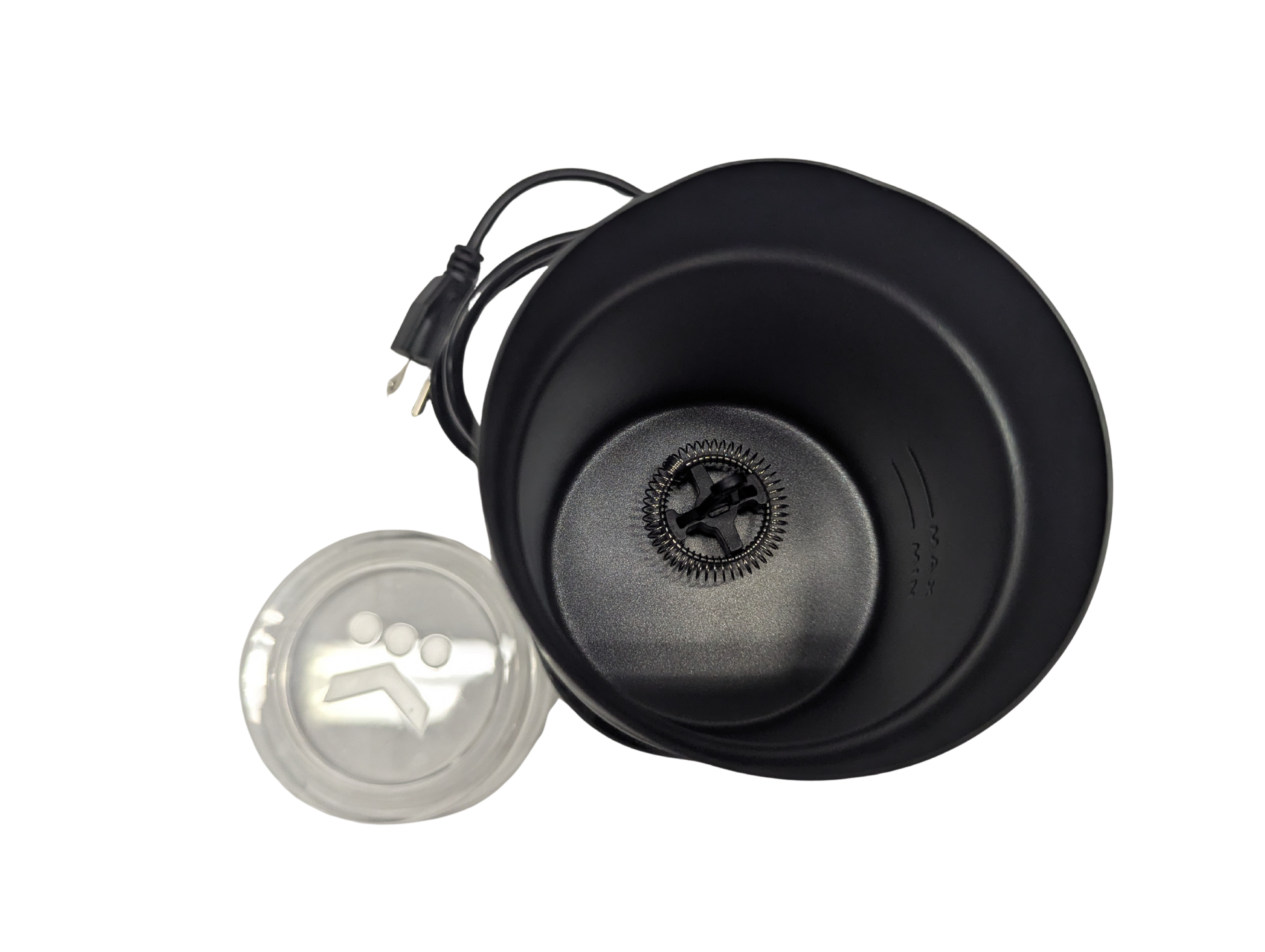 Black portable coffee maker with a clear lid on a white background