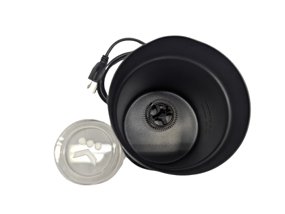 Black portable coffee maker with a clear lid on a white background