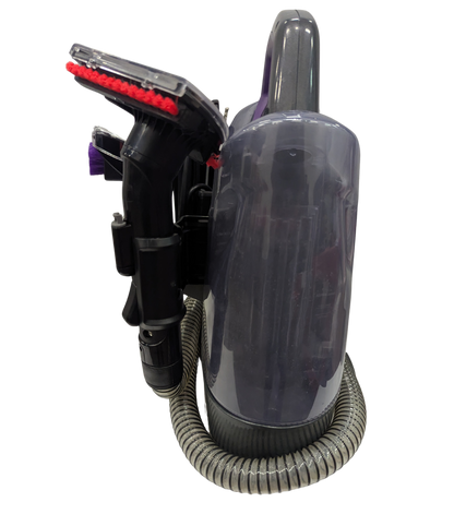 Black handheld vacuum cleaner with hose on a white background