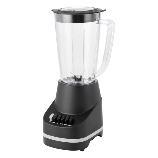 Black blender with clear container on a white background