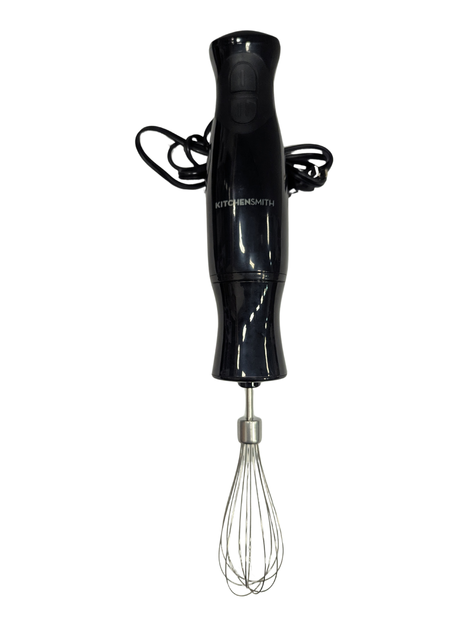 Black hand mixer with whisk attachment on a white background