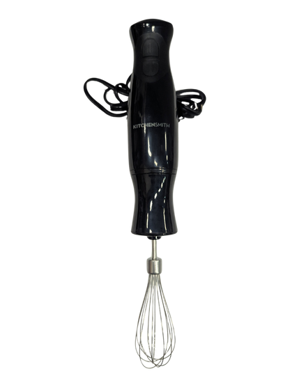 Black hand mixer with whisk attachment on a white background