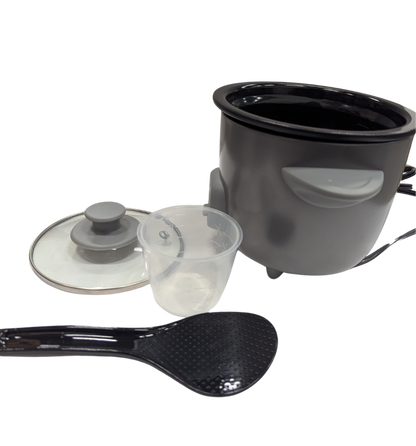Black rice cooker with accessories on a white background