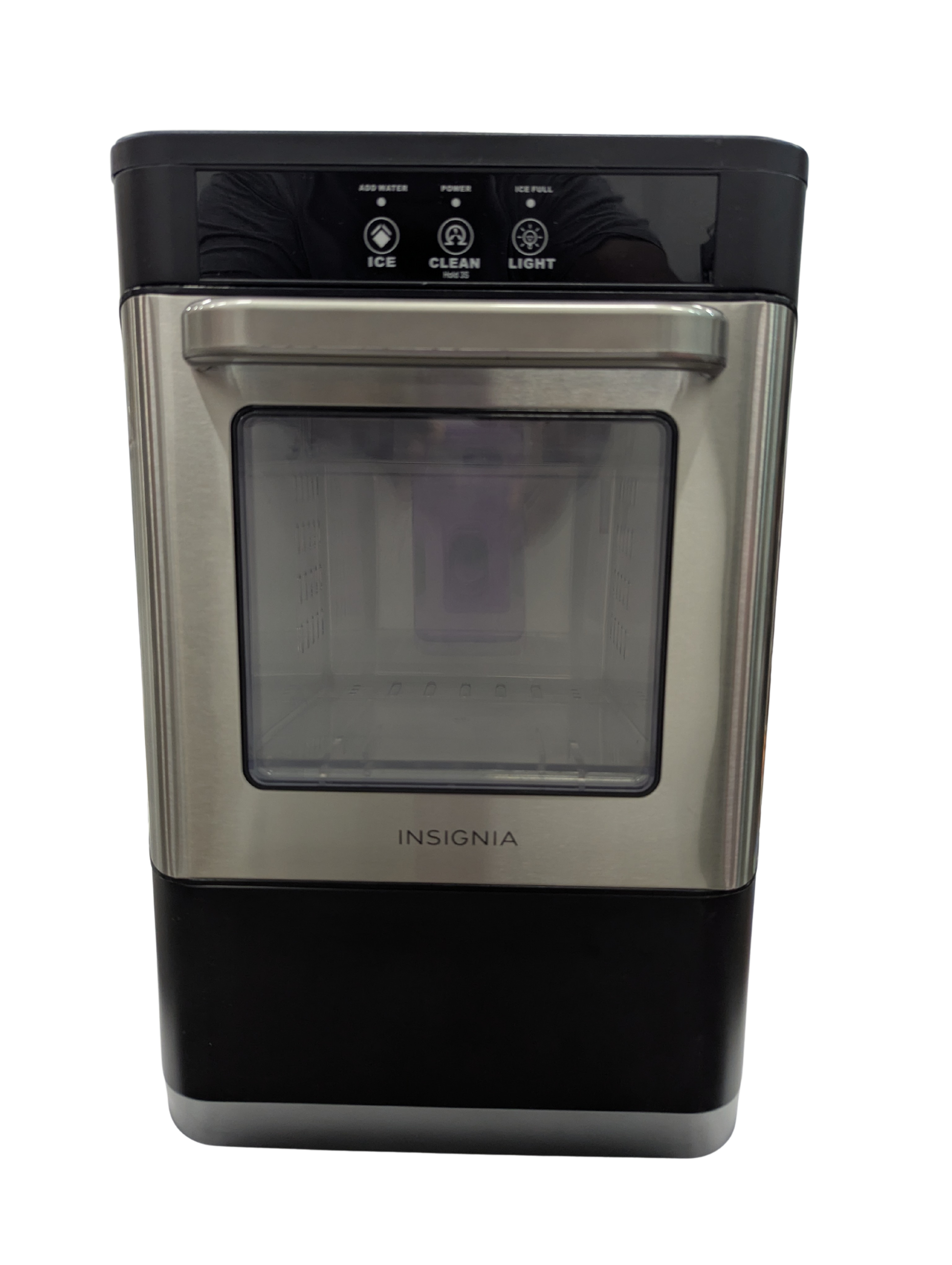 Stainless steel and black ice maker with 'Insignia' branding on a white background