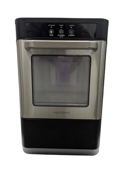 Stainless steel and black ice maker with 'Insignia' branding on a white background