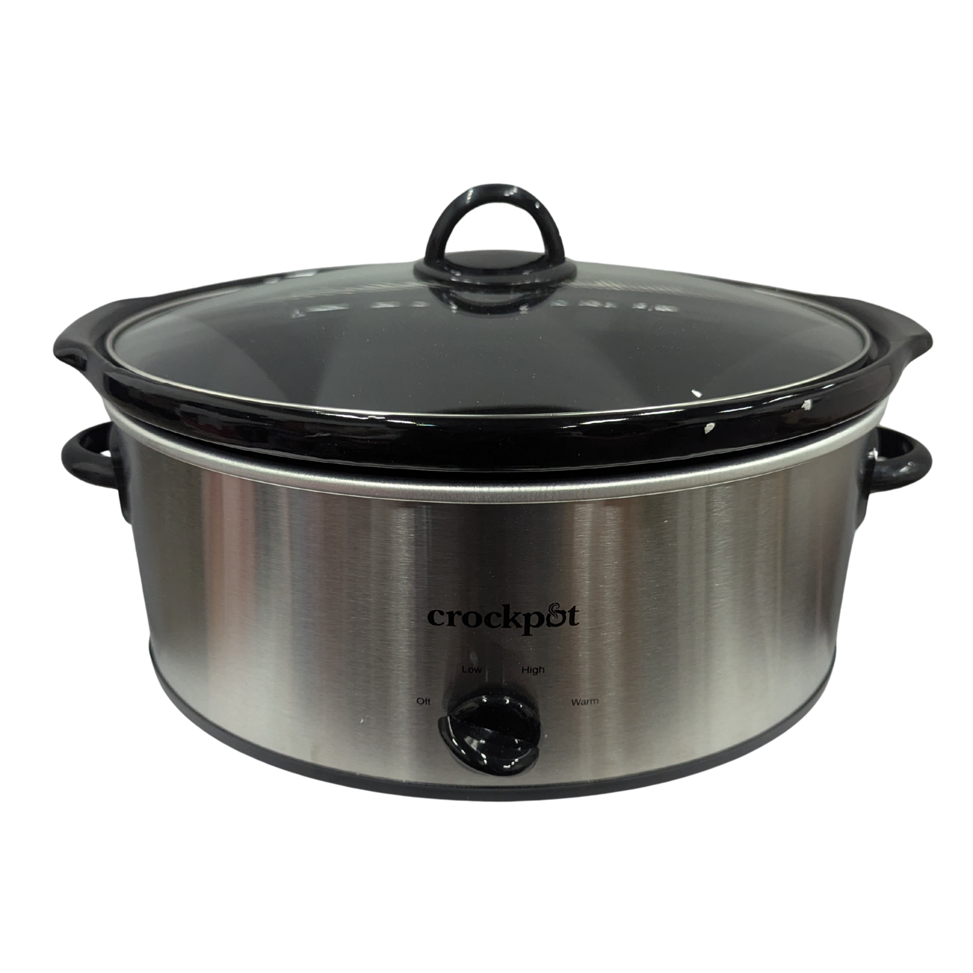 Stainless steel Crockpot on a white background