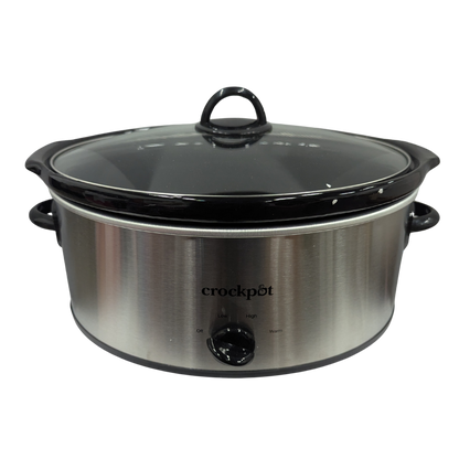 Stainless steel Crockpot on a white background