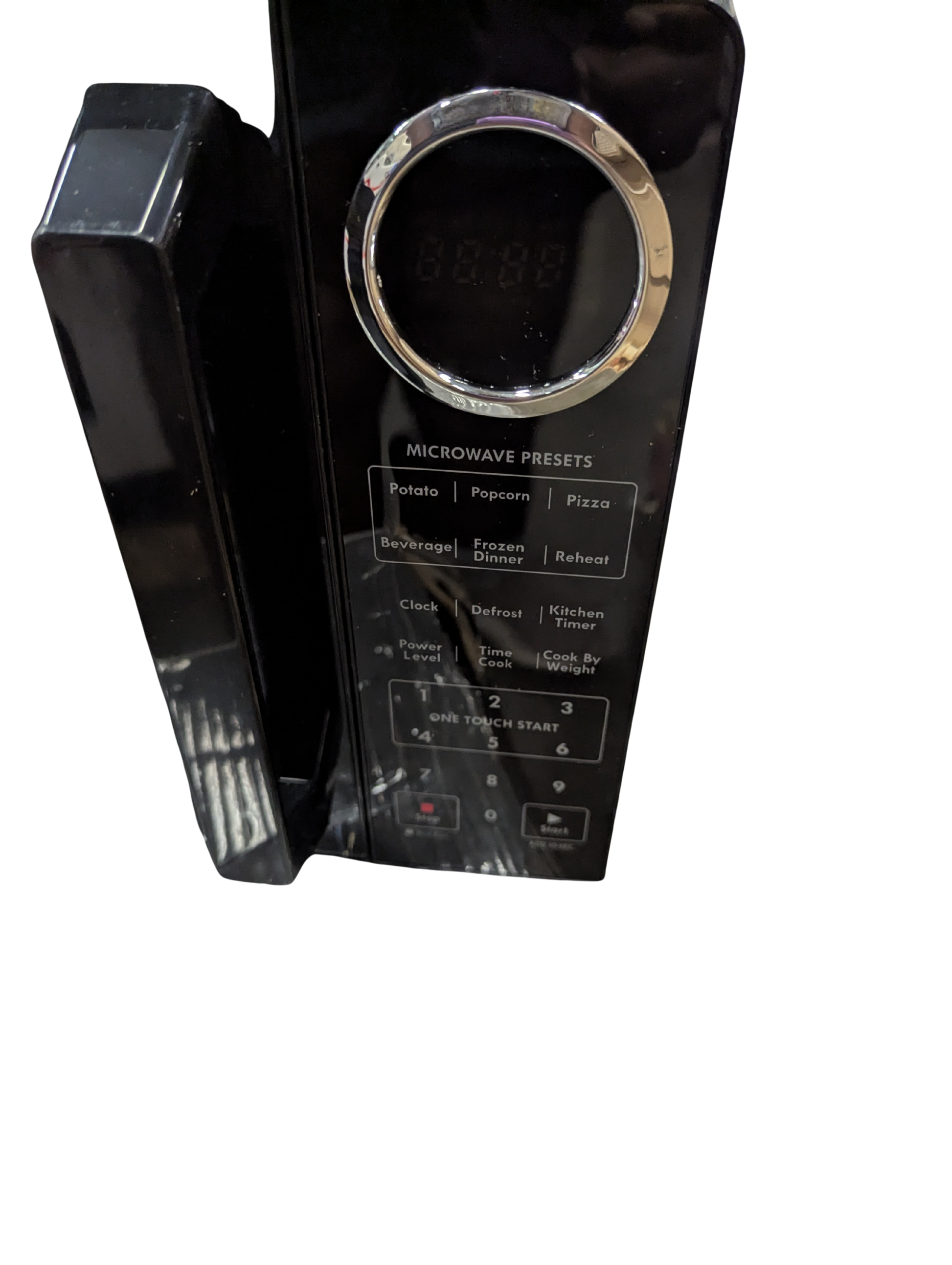 Black microwave oven with control panel on a white background