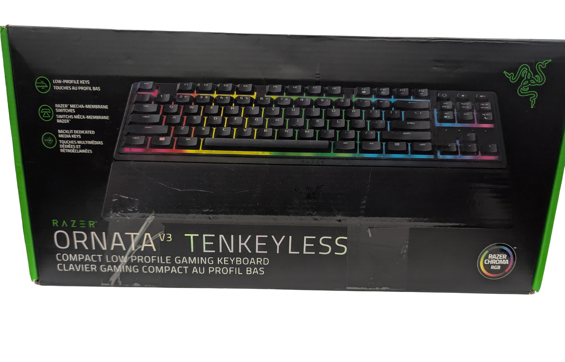 Razer Ornata V3 Tenkeyless gaming keyboard packaging on a white background