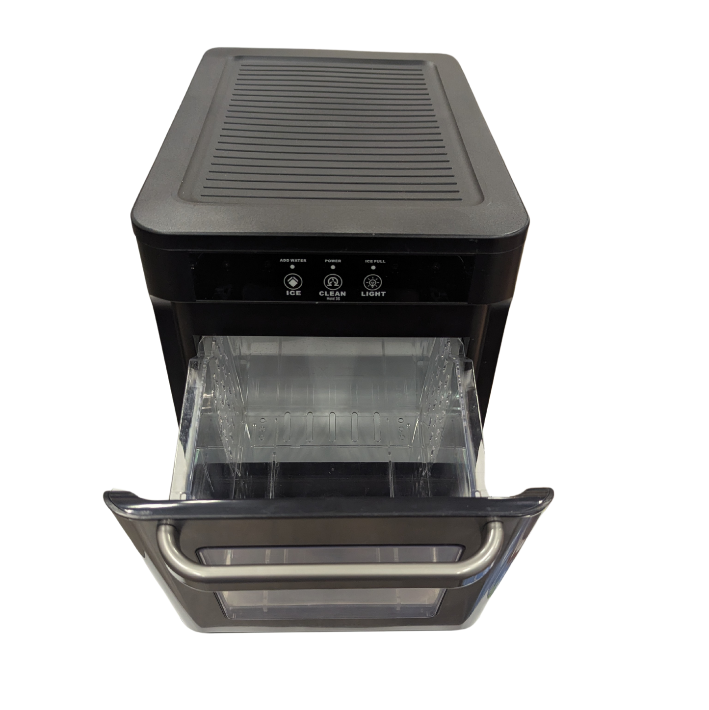 Black countertop oven with open door on a white background