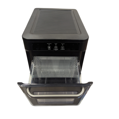 Black countertop oven with open door on a white background