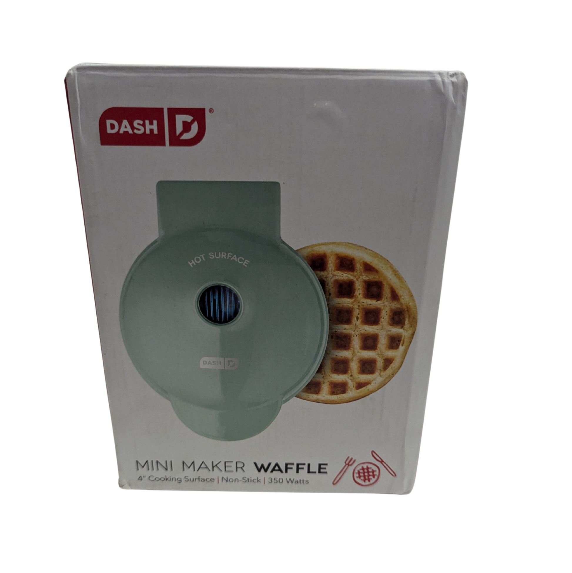 Box of Dash mini waffle maker with a waffle on the packaging.