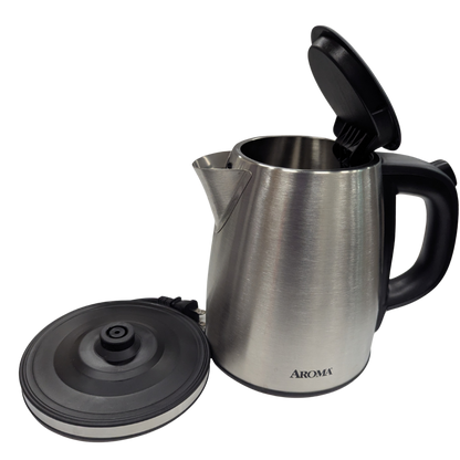 Stainless steel electric kettle with black handle and lid on a white background