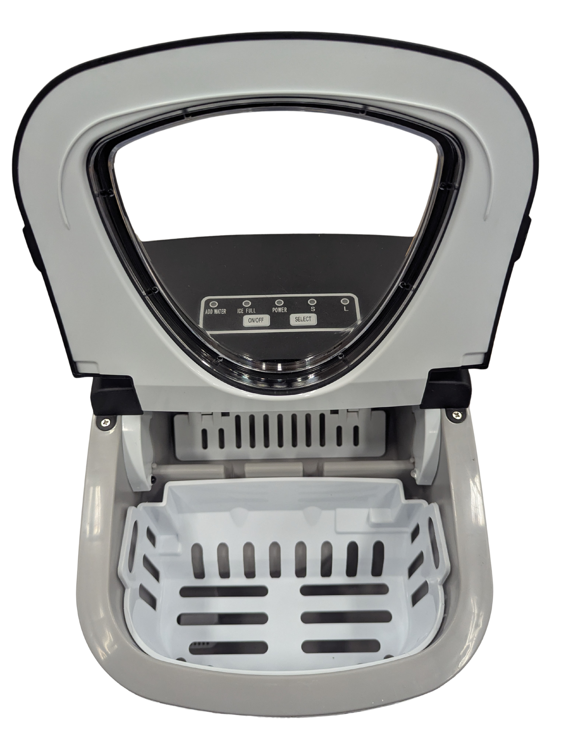 Gray and black electronic device with a transparent lid on a white background
