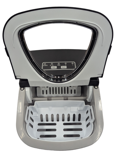 Gray and black electronic device with a transparent lid on a white background