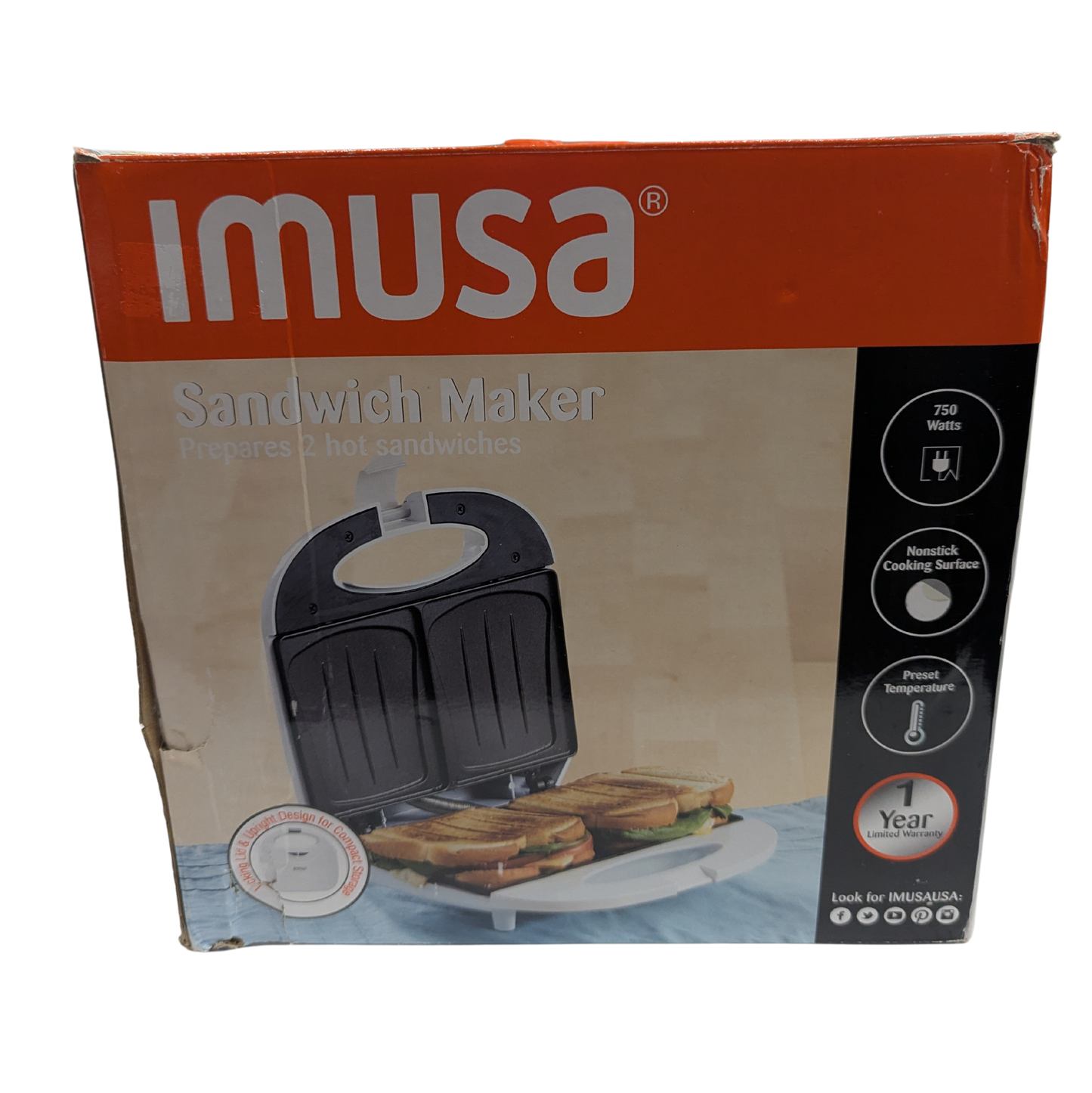 Imusa sandwich maker packaging on a white background