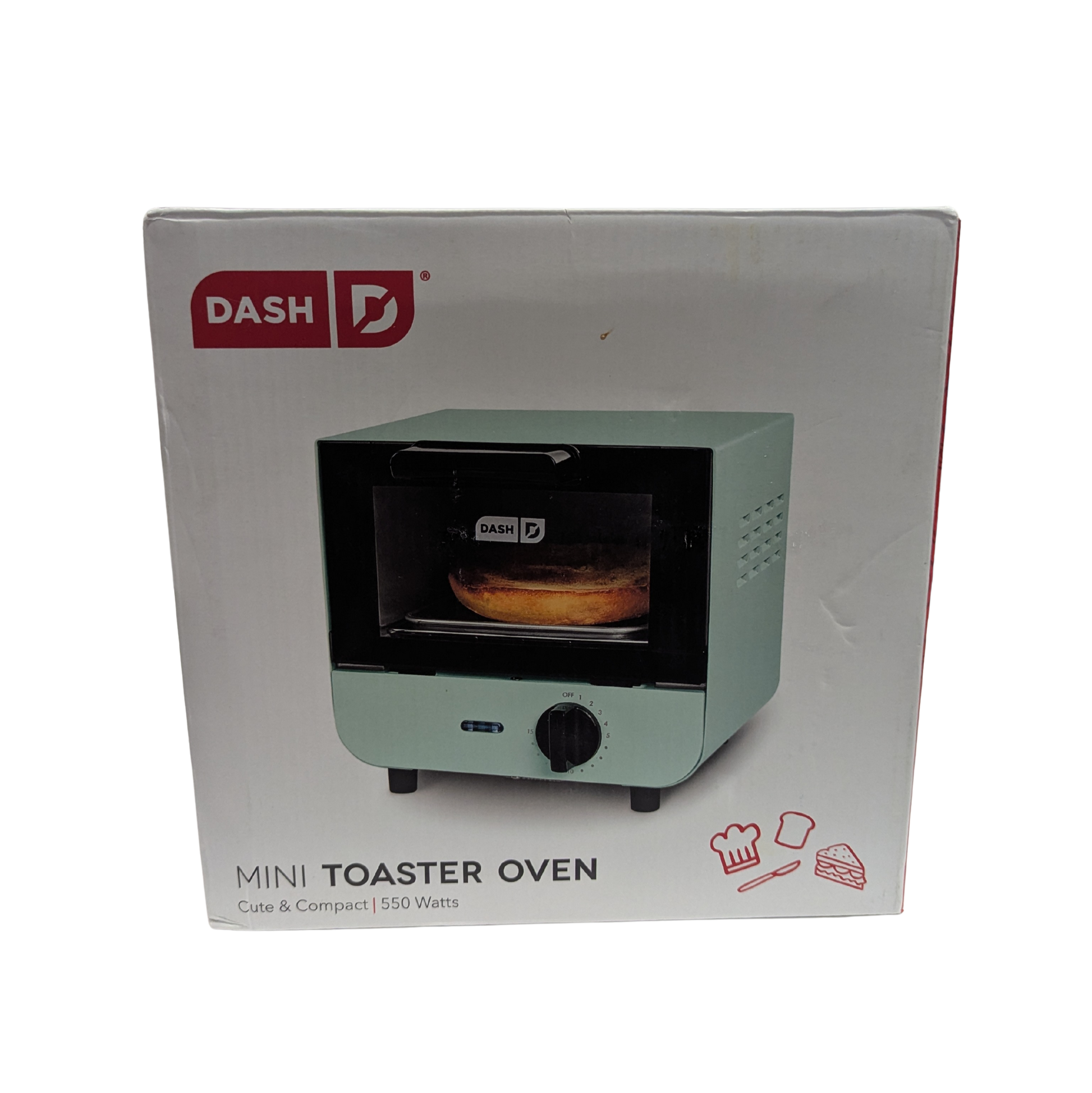 Boxed Dash mini toaster oven on a white background
