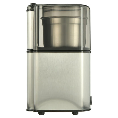Stainless steel coffee grinder on a white background
