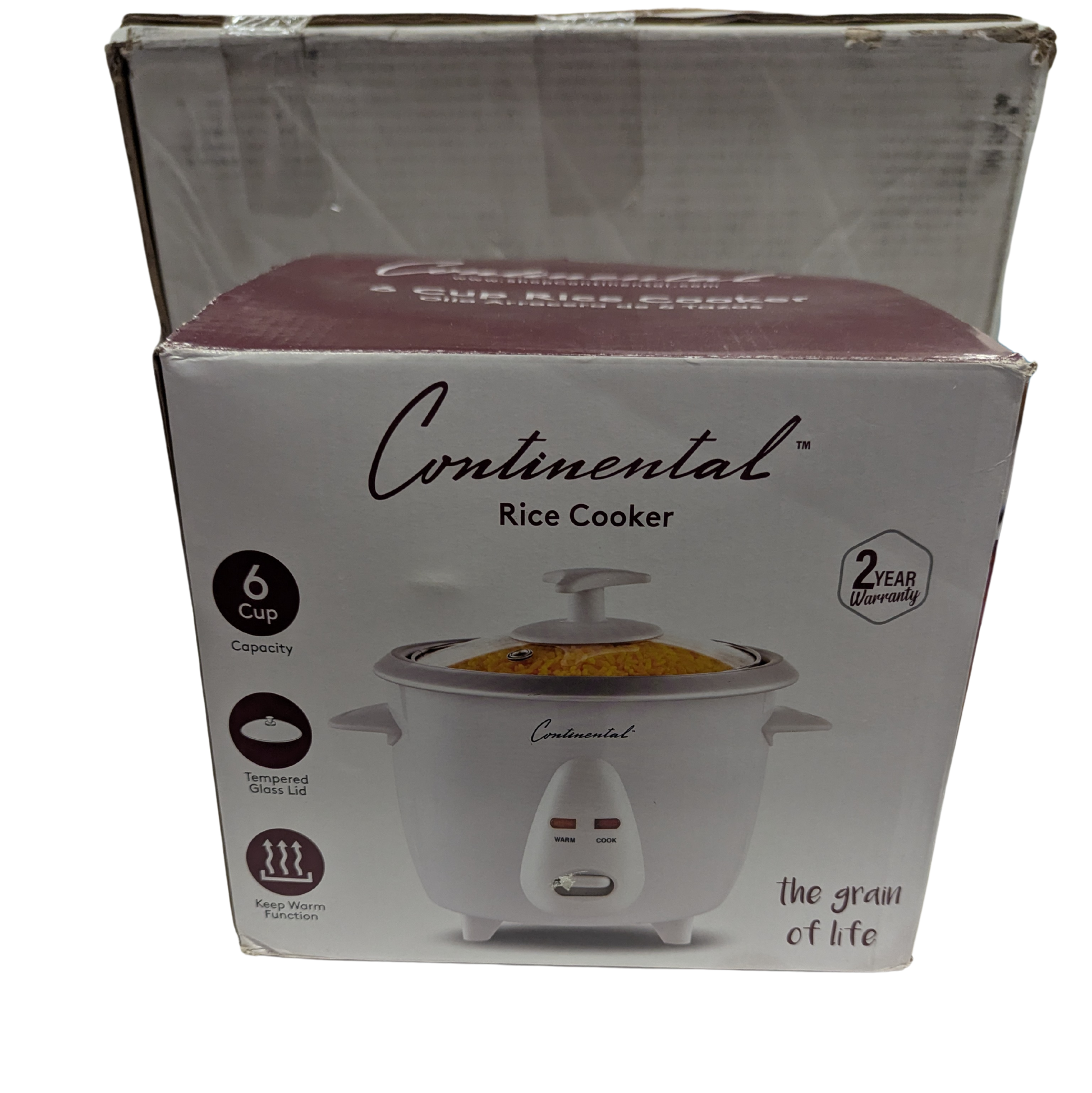 Boxed Continental Rice Cooker with branding and product details on a white background