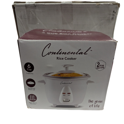 Boxed Continental Rice Cooker with branding and product details on a white background