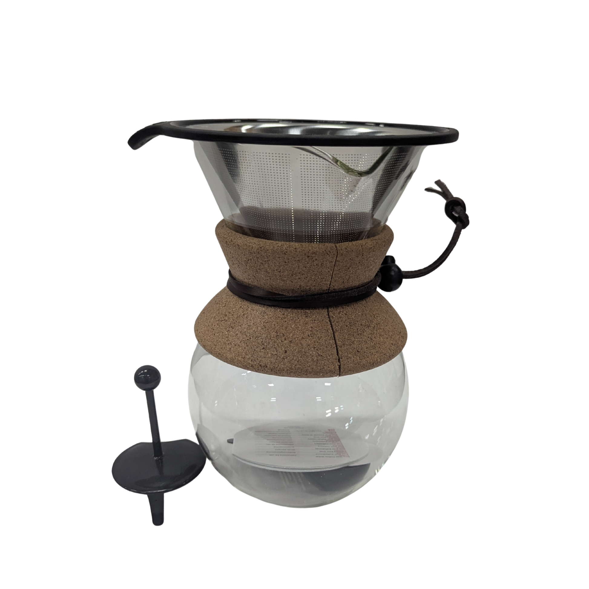 Clear glass coffee brewer with brown sleeve and black lid on a white background