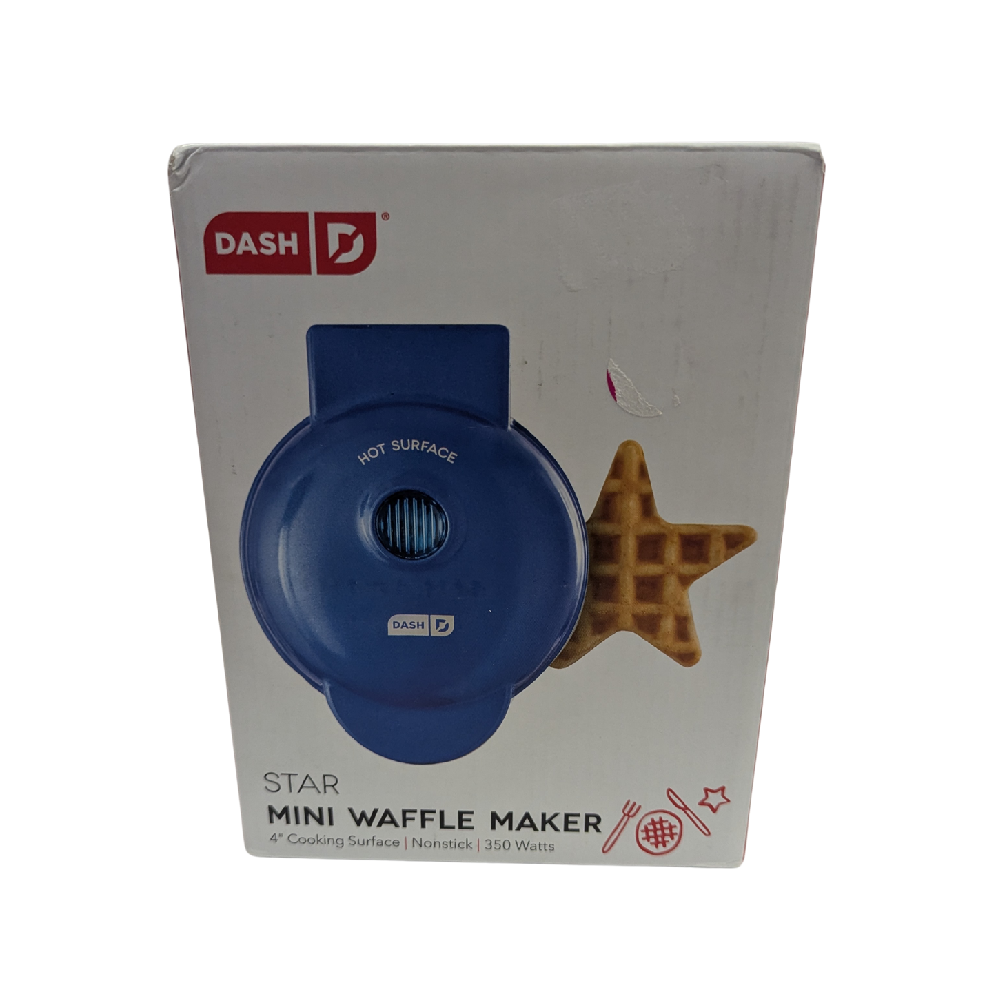 Blue star-shaped mini waffle maker on a white box with 'Dash' branding.