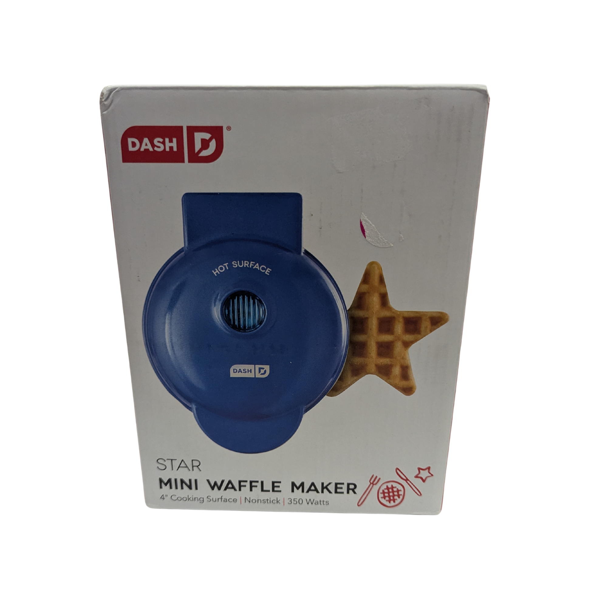 Blue star-shaped mini waffle maker on a white box with 'Dash' branding.