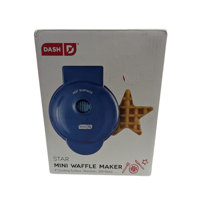 Blue star-shaped mini waffle maker on a white box with 'Dash' branding.