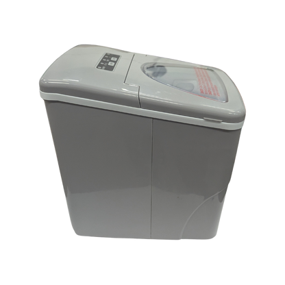 Gray trash bin with a lid on a white background