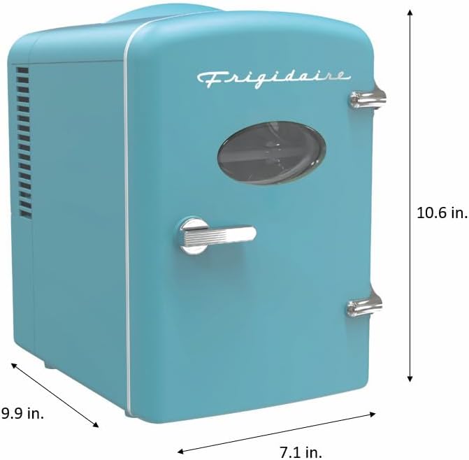 Teal Frigidaire mini refrigerator with dimensions indicated on a white background