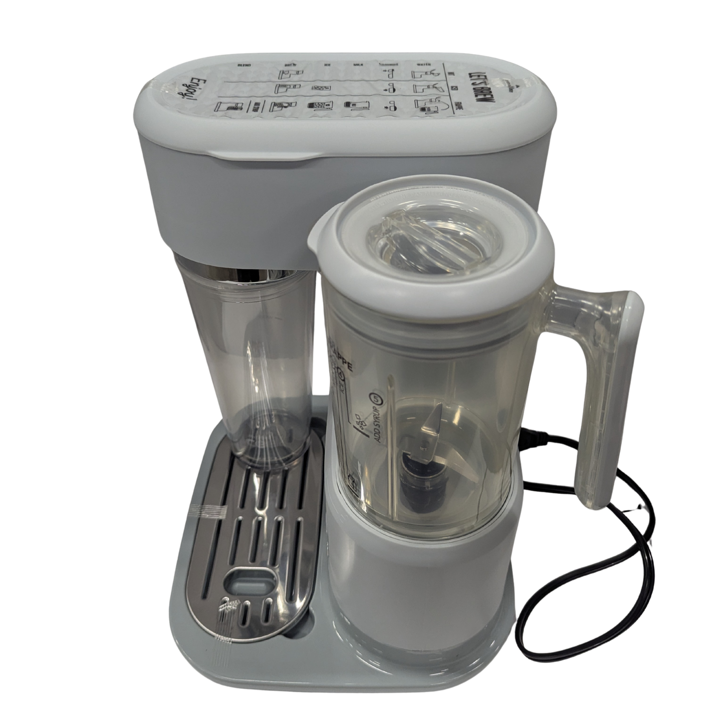 White kitchen appliance with clear container on a white background