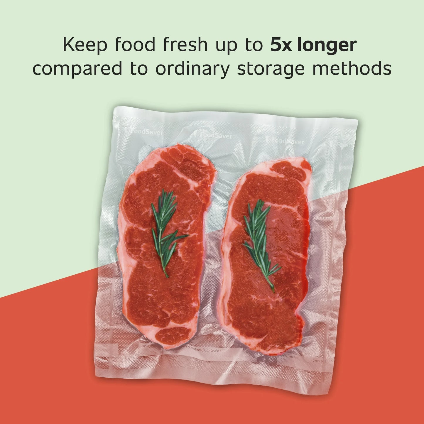 Two pieces of raw meat in a vacuum seal bag with text on a green and orange background