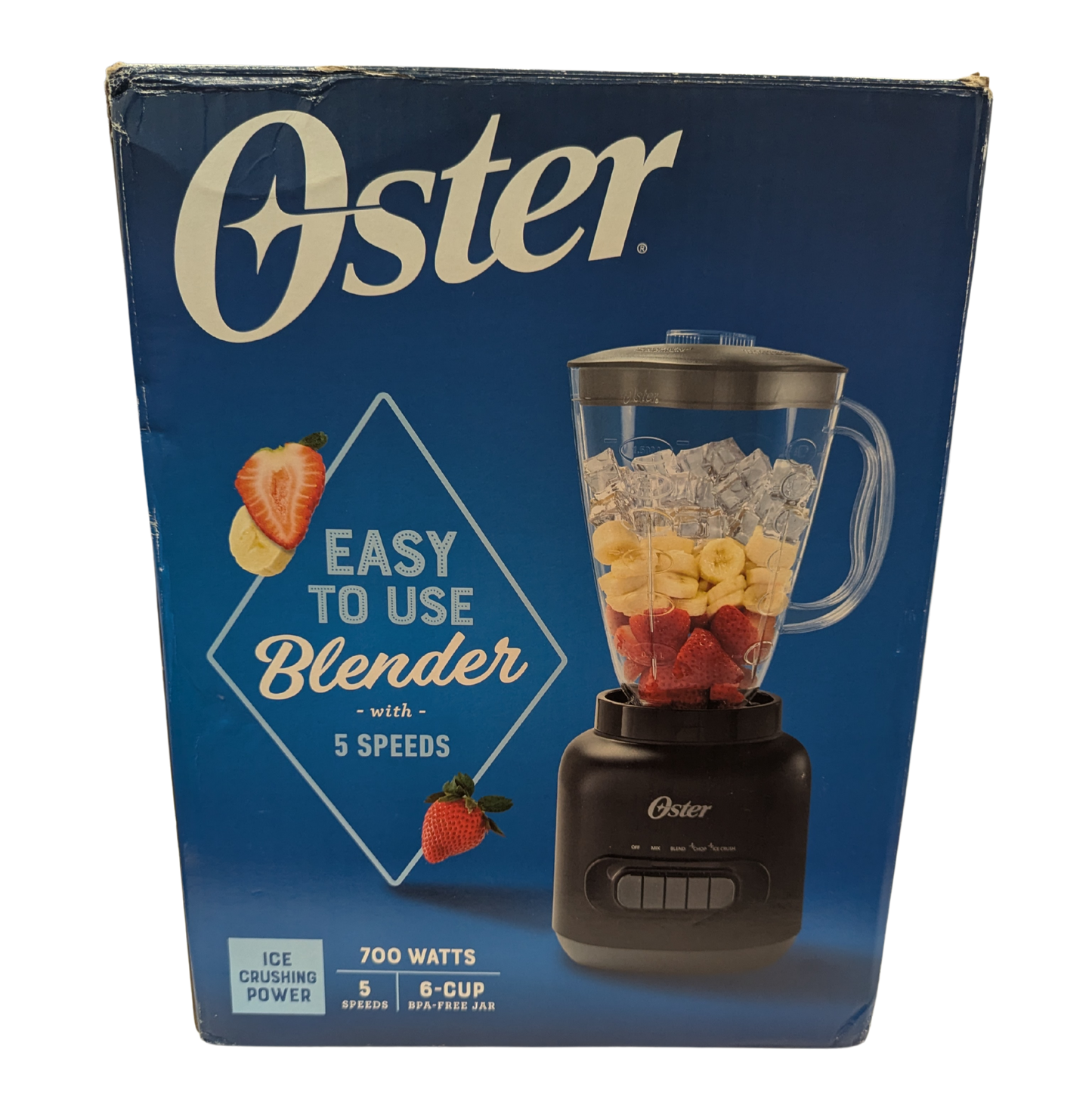 Oster blender packaging with a blue background and product image.