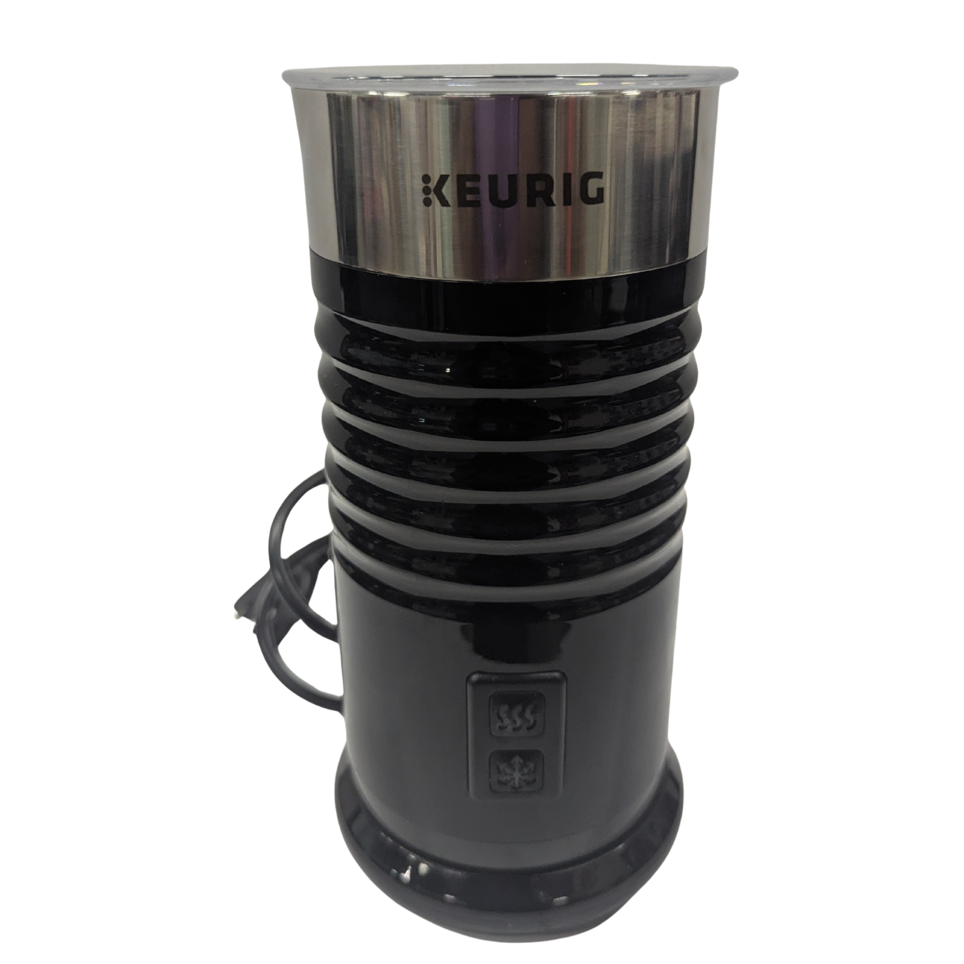 Black and silver Keurig coffee maker on a white background