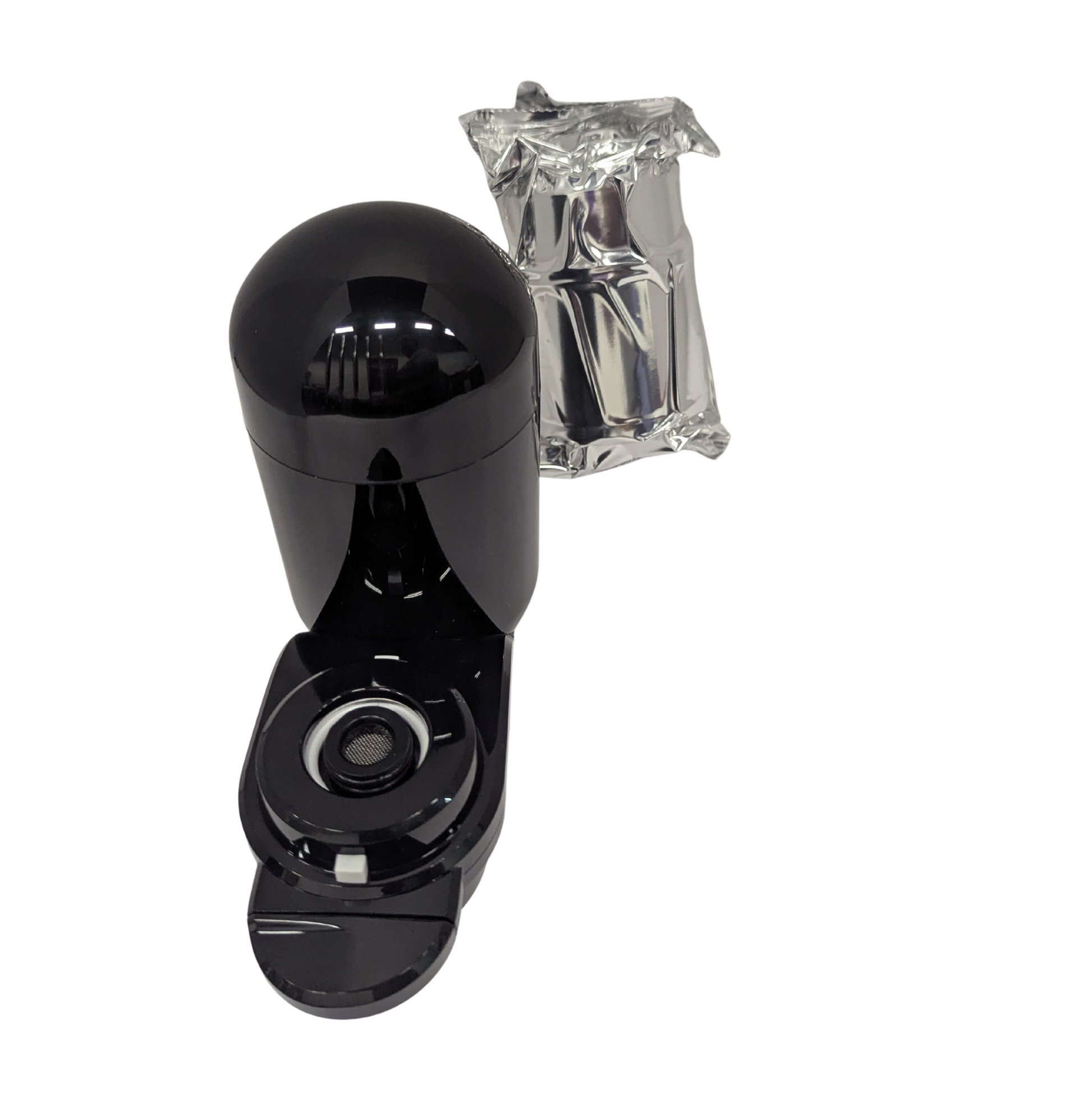 Black pepper grinder with clear salt shaker on a white background
