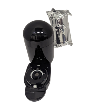 Black pepper grinder with clear salt shaker on a white background