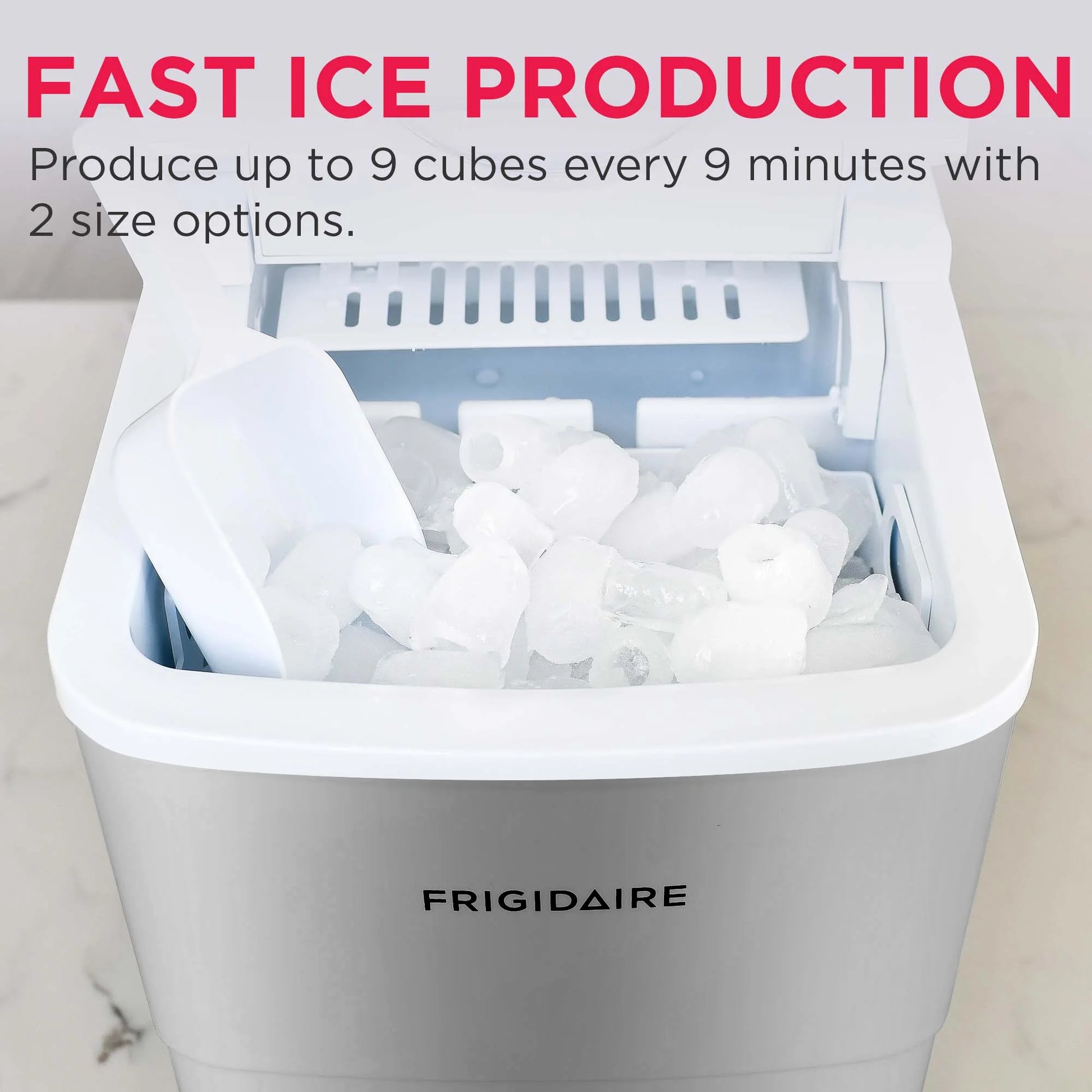 Frigidaire ice maker with ice cubes and text about fast ice production.