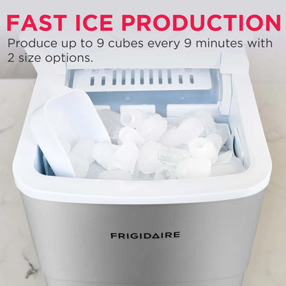 Frigidaire ice maker with ice cubes and text about fast ice production.