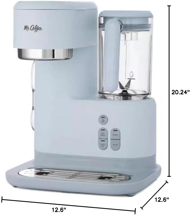 Light blue coffee maker with dimensions labeled on a white background