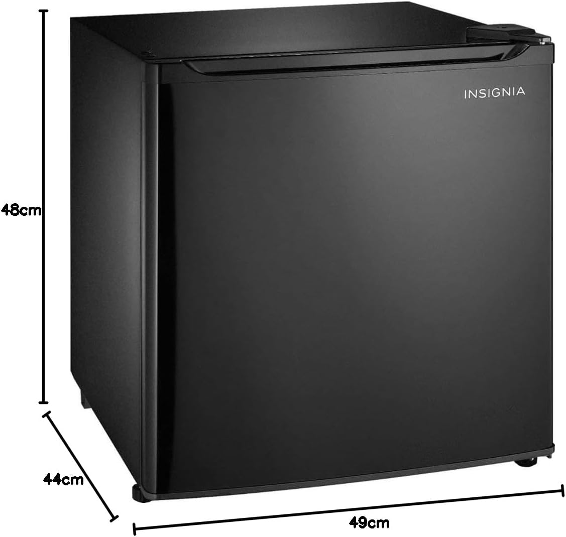Black Insignia refrigerator with dimensions labeled