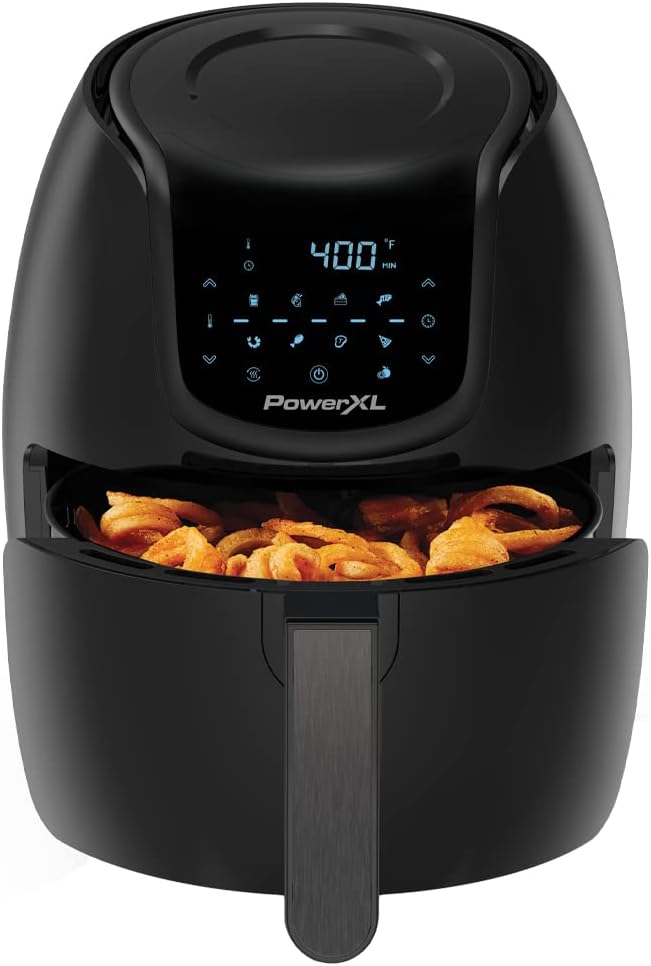 Black PowerXL air fryer with digital display showing 400 degrees, filled with fries.