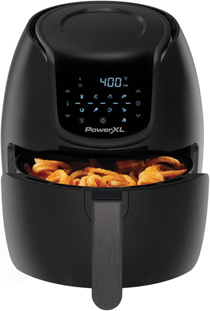 Black PowerXL air fryer with digital display showing 400 degrees, filled with fries.