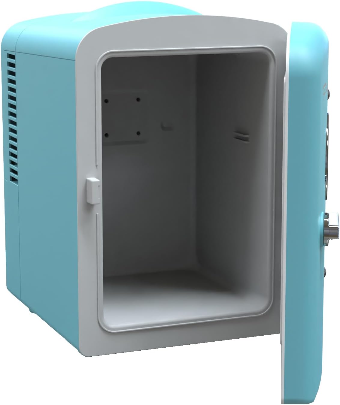Small teal and gray cooler with open door on a white background