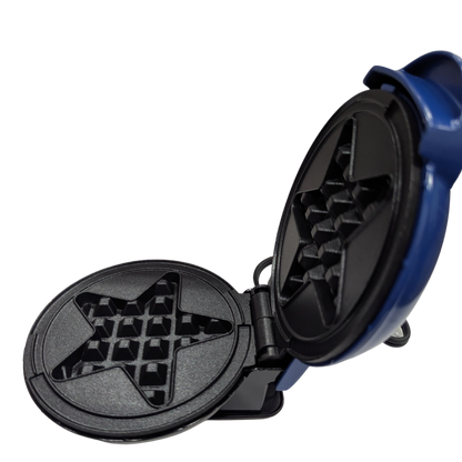 Blue and black waffle maker on a white background