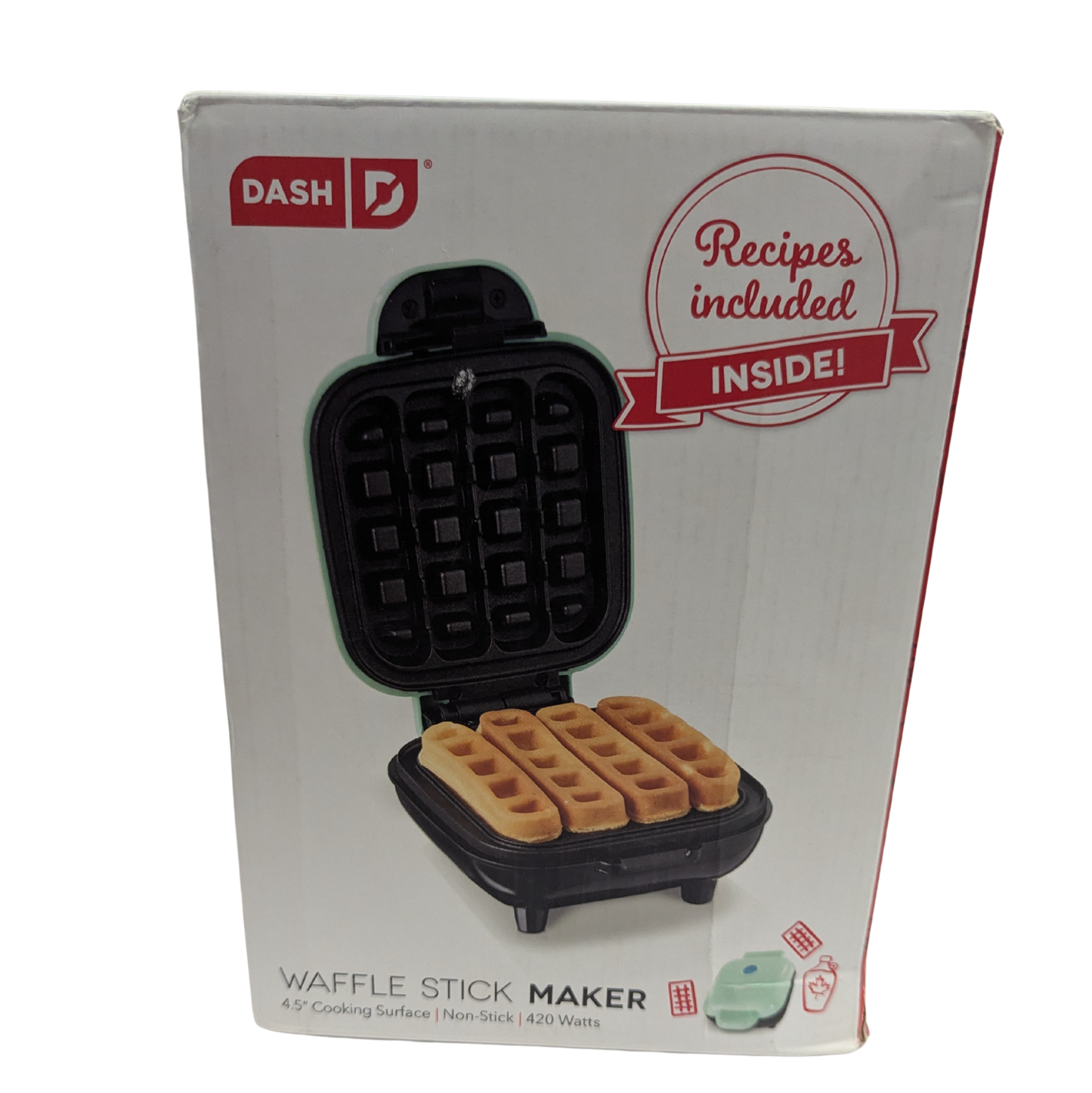 Waffle stick maker in packaging with 'Dash' branding and recipe included text.